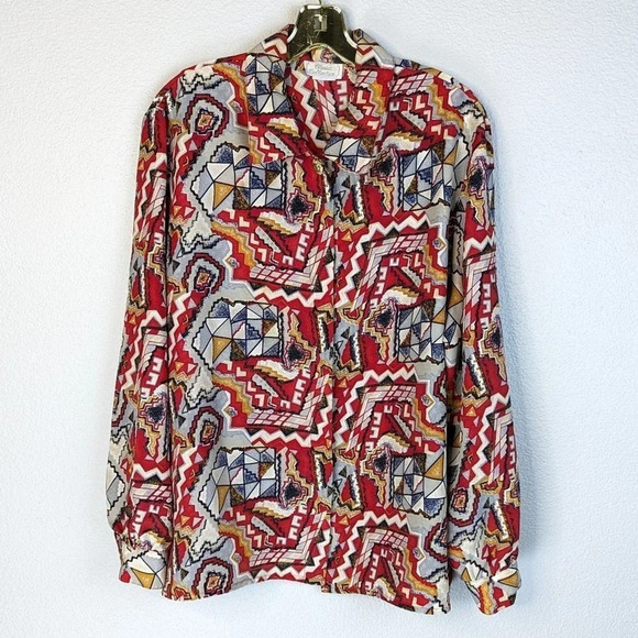 Vintage Classic Collection Blouse Red/Gray/Blue/Gold Geometric Pattern Size 18 - Picture 1 of 11